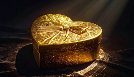 A golden heart-shaped gift box adorned with a ribbon sits on dark fabric, illuminated by dramatic sunbeams.の素材