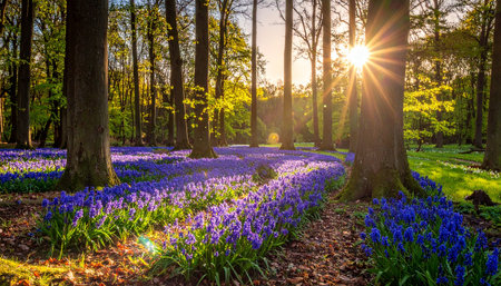 A dense carpet of vibrant bluebells fills a sunlit forest floor, with tall trees casting dappled shadows.の素材