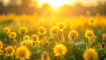 A close-up view of a field of yellow wildflowers illuminated by the warm, golden light of a setting sun.の素材