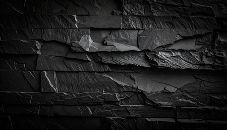 A dark, stacked stone wall texture with rough, jagged edges and subtle lighting creating a dramatic effect.の素材