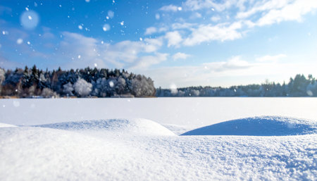 A tranquil winter scene featuring a frozen lake, snow-laden trees, and falling snowflakes against a clear blue sky.の素材