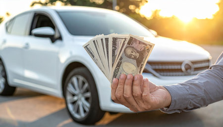 A hand in a grey shirt holds a fan of Japanese Yen bills in front of a white car. Clear details and vibrant colors enhance visual appeal.の素材