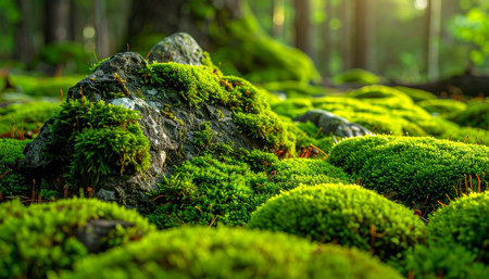 Close-up of vibrant green moss carpeting rocks and the forest floor, illuminated by dappled sunlight filtering through trees.の素材