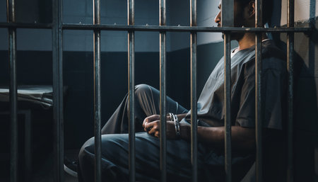 A man in a prison uniform sits in a dark cell, his wrists cuffed, looking down with a somber expression, conveying a sense of despair.の素材