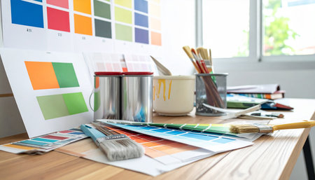 Paint cans, brushes, and various color samples and charts are arranged on a wooden desk.の素材