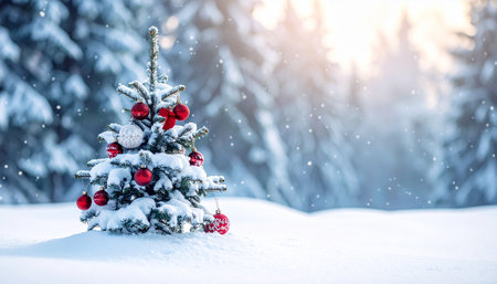 A small, snow-covered Christmas tree with red and white ornaments and a red bow is set against a backdrop of a snowy forest and soft sunlight.の素材
