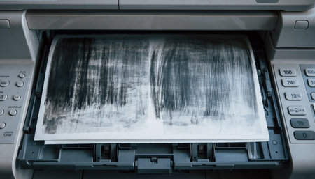 A close-up shot of a printer with a sheet of paper emerging from the output tray, displaying a dark abstract forest pattern.の素材
