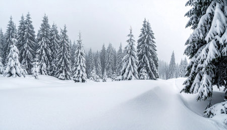 A serene winter landscape filled with snow-covered pine trees under a soft, misty sky. Clear details and vibrant colors enhance visual appeal.の素材