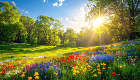 Purple showing lush green hillside meadow overflowing with colorful wildflowers under sunny sky keywords: spring, meadow, wildflowers, hillside,...の素材
