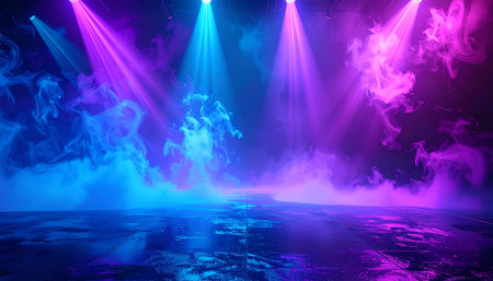 A stage bathed in vibrant blue and pink lights with swirling fog creating a dynamic atmosphere.の素材
