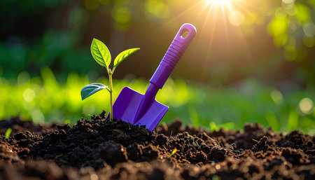A young green seedling emerges from dark soil next to a purple garden trowel, bathed in warm sunlight.の素材