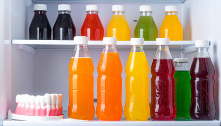 Refrigerator shelves stocked with colorful drinks and a pink dental model of teeth on the bottom shelf.の素材