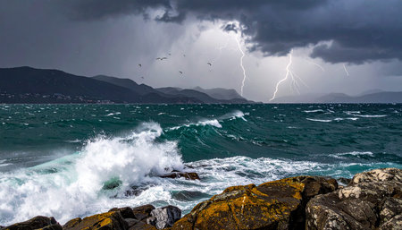 A dramatic stormy seascape with powerful waves crashing against rocks, a lightning strike illuminating dark clouds over distant mountains.の素材