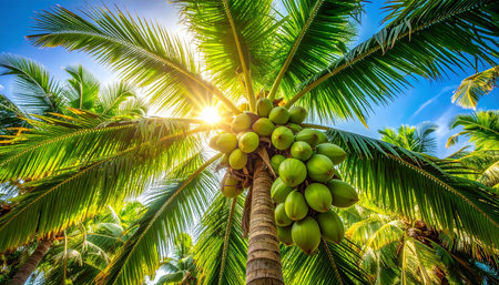A close-up view of a dense cluster of green coconuts hanging from a palm tree, with the sun shining through the vibrant green fronds.の素材