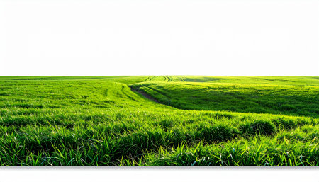 A vibrant green grassy field with a path winding through it against a white background.の素材