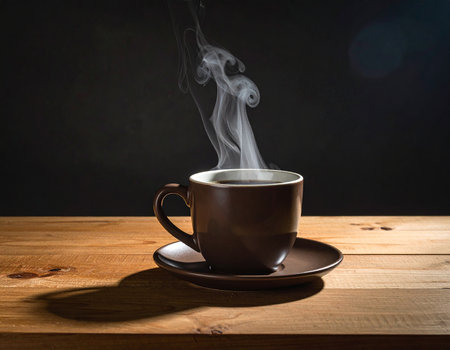 A brown ceramic coffee cup and saucer are placed on a wooden table, with steam gracefully rising from the hot coffee against a dark backdrop.の素材