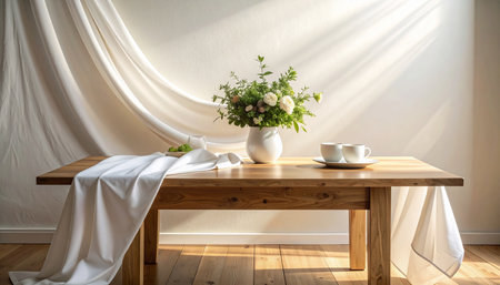 A wooden dining table with a white draped fabric, a vase of flowers, and two cups on a plate, bathed in soft sunlight.の素材