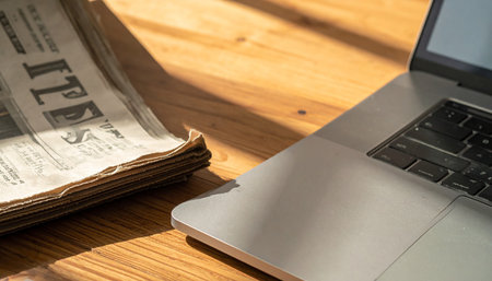 Digital showing stacked old newspaper next to a silver laptop on a wooden table keywords: newspaper, old,...の素材