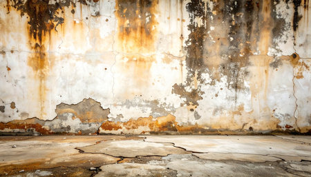 A textured old wall with peeling paint and rust stains sits above a cracked concrete floor, showing signs of decay.の素材