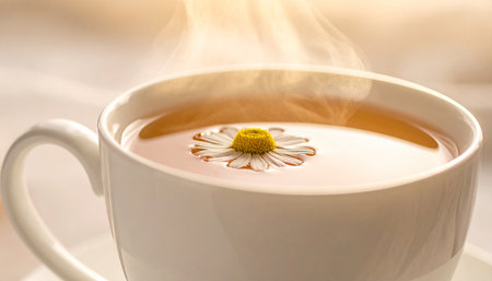Flower showing warm chamomile tea in a white cup with a flower and soft light. High resolution image suitable...の素材