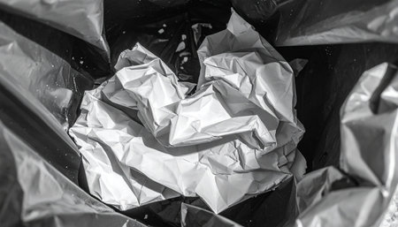 Overhead black and white shot of crumpled paper filling a trash can with a plastic liner.の素材