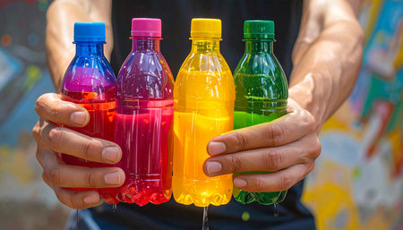 A person holds four colorful plastic bottles filled with vibrant liquids, showcasing a variety of colors.の素材