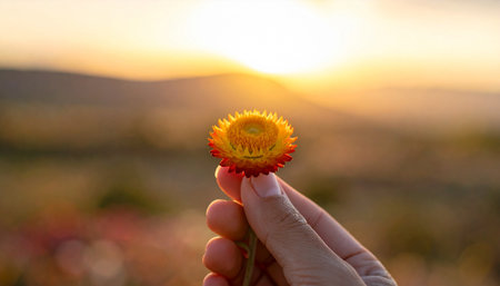 A hand holds a yellow and red flower with the sun setting behind a blurred landscape.の素材