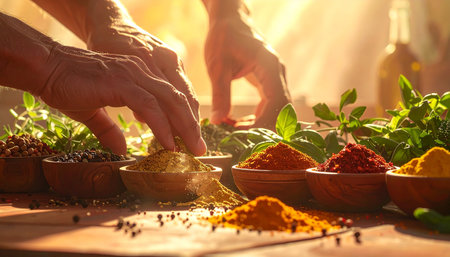 Hands reach for spices in wooden bowls filled with colorful powders and fresh green herbs under warm sunlight.の素材