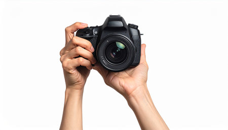 A pair of hands holds a black digital SLR camera with a large lens against a white background.の素材