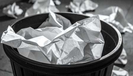 A black and white close-up of crumpled paper overflowing from a black trash can, with shadows and texture.の素材