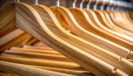 A detailed perspective of several wooden clothes hangers with visible wood grain on a rail.の素材
