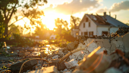 A close-up view of rubble and debris in the foreground, with blurred ruined houses and a sunset in the background.の素材