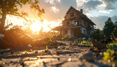 A severely damaged house stands in ruins at sunset, with debris scattered around and sunlight creating a glare through broken windows.の素材