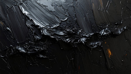 Dark black oil paint texture with prominent silver highlights and subtle warm amber accents, showcasing thick impasto brushstrokes.の素材