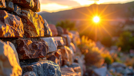 A stone wall is set against a vibrant sunset featuring a prominent sunburst, with mountains in the distant landscape.の素材