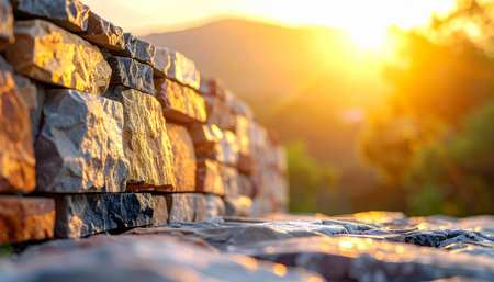 A stone wall is illuminated by warm golden hour sunlight, with a blurred background of greenery and distant hills.の素材