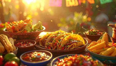 Gathering showing festive mexican fiesta table laden with tacos salsa and chips at sunset keywords: mexican food, tacos, salsa, chips, fiesta,...の素材