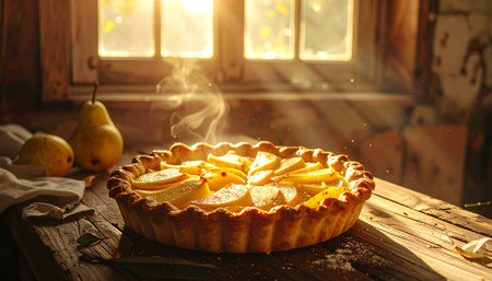 A steaming pear tart sits on a rustic wooden table, with warm sunlight streaming through window panes in the background.の素材