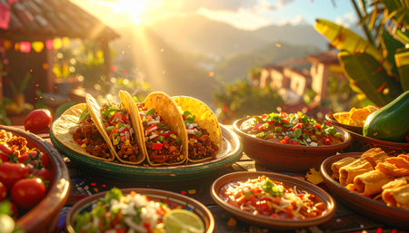 Gathering showing delicious mexican feast outdoors with mountains and sunbeams in background keywords: mexican food, tacos, salsa, chips, fiesta,...の素材