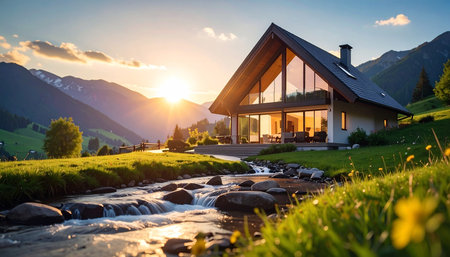 A modern chalet with large glass windows sits by a rocky stream, bathed in the warm glow of a sunset over the mountains.の素材