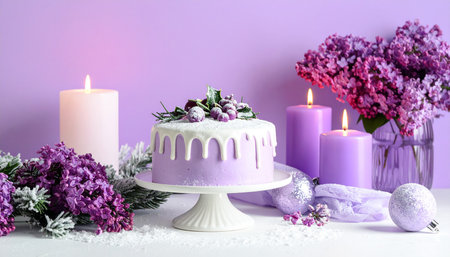 A purple cake with white icing drips, topped with berries and greenery, sits on a cake stand surrounded by lit candles, lilac flowers, and ornaments.の素材