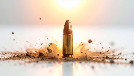 Power showing bullet exploding with dirt and debris against a bright sunburst background: bullet, explosion, dirt, debris, impact, action, motion,...の素材