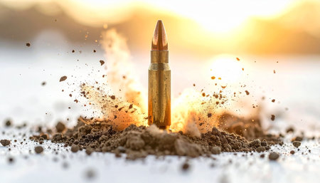 A golden bullet appears to launch from the ground, creating an explosion of dirt and smoke, with warm sunset light in the background.の素材