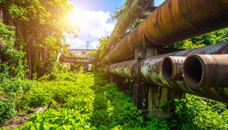 Sunlit industrial pipes wind through dense green foliage, with a bright lens flare from the sun.の素材