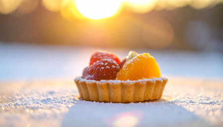 A small fruit tart with raspberries and an orange slice, dusted with powdered sugar, illuminated by warm golden sunlight.の素材