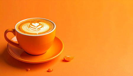 Stock showing orange coffee cup with latte art and orange slice on orange background keywords: coffee, cup, orange, latte art, saucer, coffee beans,...の素材