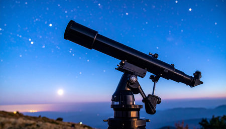 A telescope is positioned on a tripod, aimed at a bright moon and a starry sky above a distant, glowing landscape at dusk.の素材