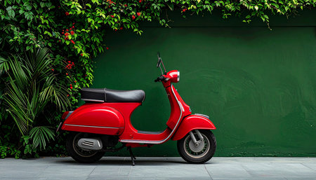 A classic red scooter is parked on a sidewalk against a textured green wall adorned with lush green foliage and red flowers.の素材
