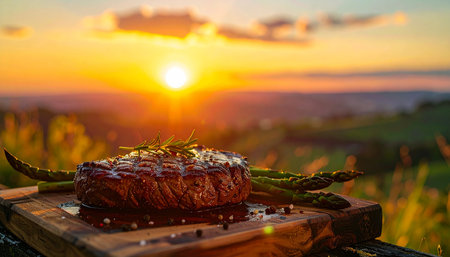 A grilled steak with asparagus sits on a wooden board in a field during a vibrant sunset, with the sun low on the horizon.の素材