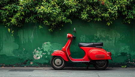 A red vintage scooter is parked on a street against a textured green wall, with a dense canopy of green foliage hanging overhead.の素材